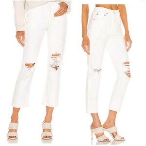 Agolde Womans White Jeans High Rise Straight Cropped Distressed Size 26 Neutral